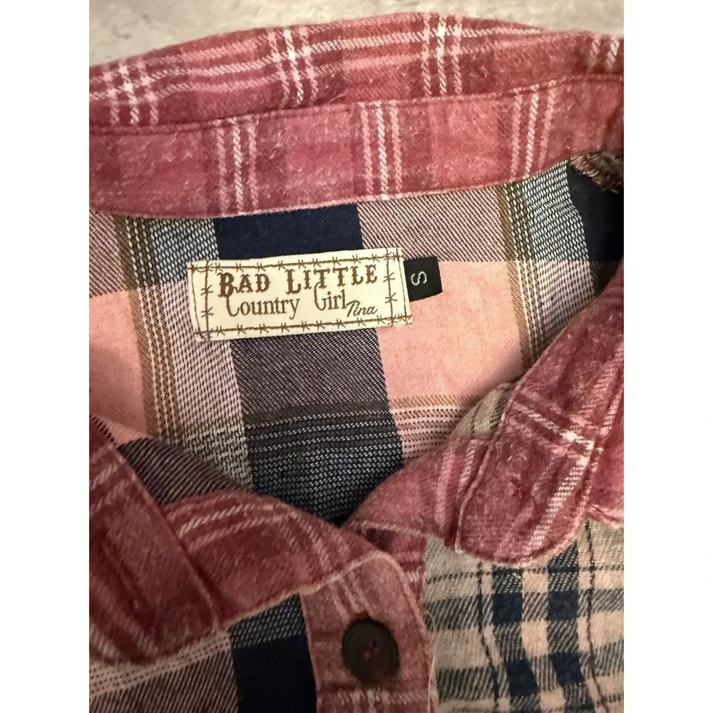 Bad Little Country Girl Tina Pink Patchwork Plaid Flannel Shirt Dress Small